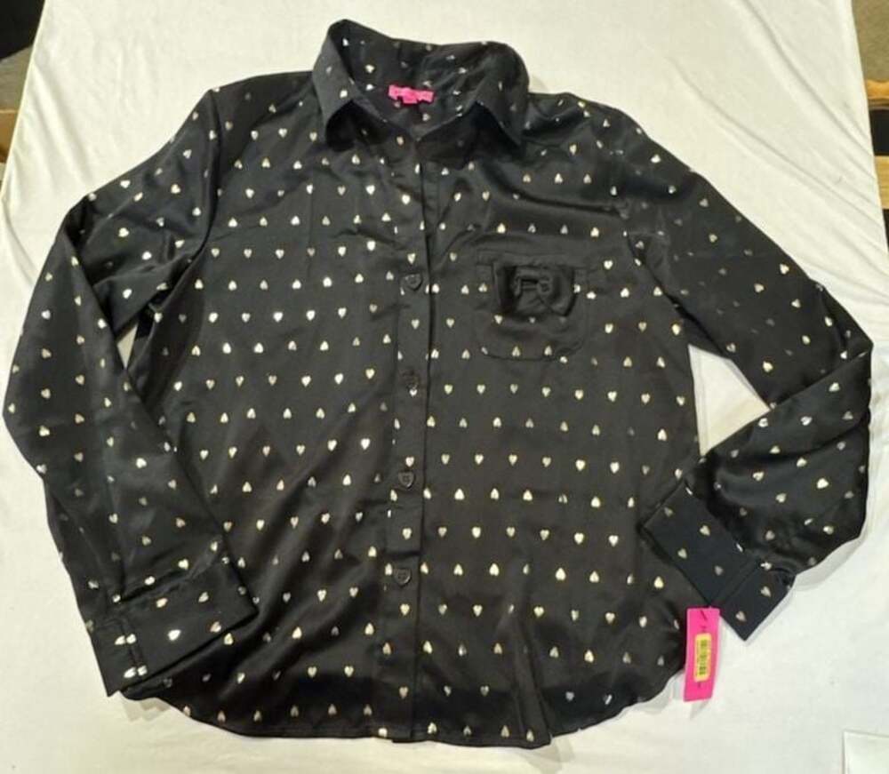 M#418 Betsey Johnson Black Gold Heart Print Button Down Shirt Size S